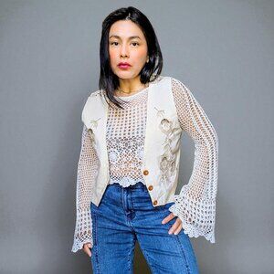 Vintage handmade bespoke floral embroidered crochet neutral beige cottage vest